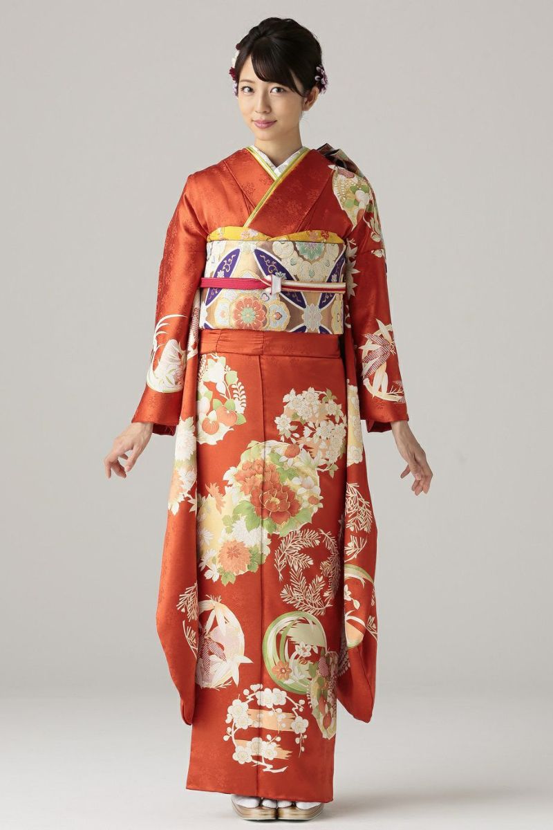 振袖　花丸文 赤　kimono red