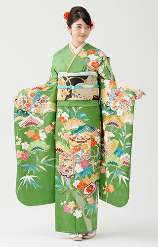 振袖　緑　はんなり 十二　furisode green