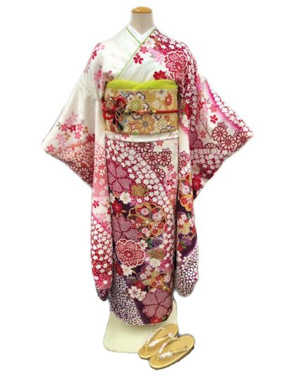 六通) 桜と梅の花 銀通し Wish 振袖にもわのふじ帯 - 着物