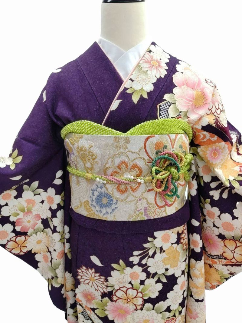振袖婚礼用フルセット【IK‐W01】Lサイズ・紫　紫地に牡丹と桜の古典柄振袖